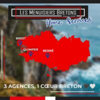 Affiche d'une carte montrant la Bretagne avec les 3 emplacements des agences des Menuisiers Bretons (Brest, Quimper, Berné)