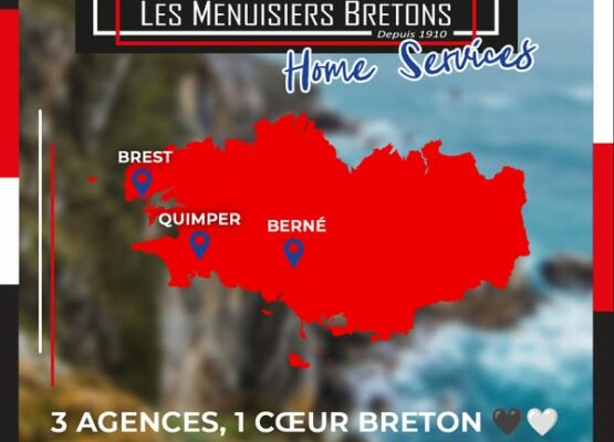 Affiche d'une carte montrant la Bretagne avec les 3 emplacements des agences des Menuisiers Bretons (Brest, Quimper, Berné)