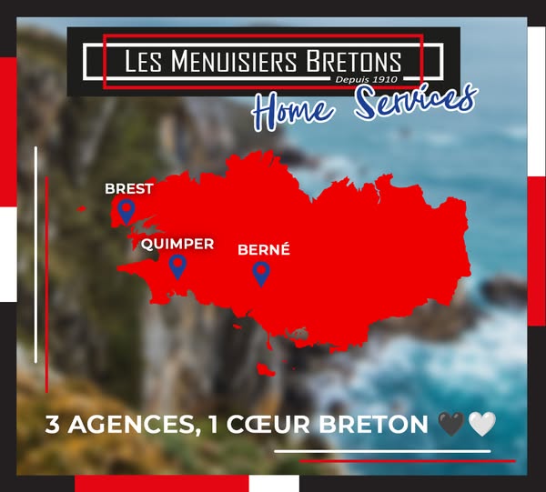 Affiche d'une carte montrant la Bretagne avec les 3 emplacements des agences des Menuisiers Bretons (Brest, Quimper, Berné)